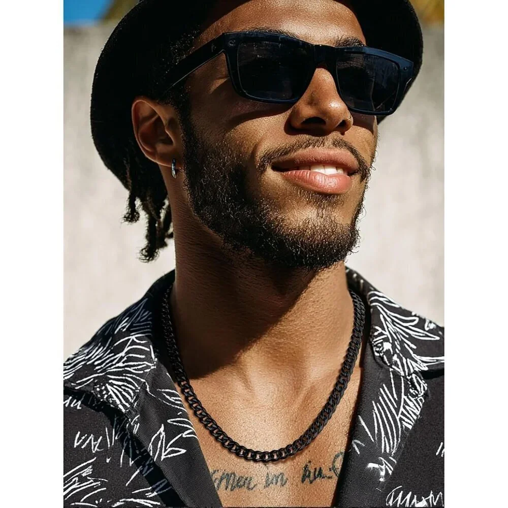 Men's 9MM Width-Black Stainless Steel Miami Cuban Curb Link Chain Necklace